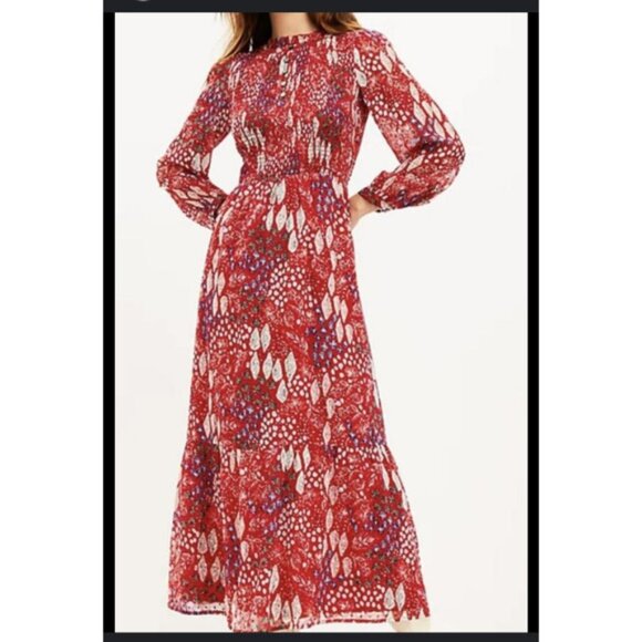 Loft Garden Smocked Bodice Tiered Maxi Dress Floral Long Sleeve Red 12 Large NWT - Picture 1 of 16